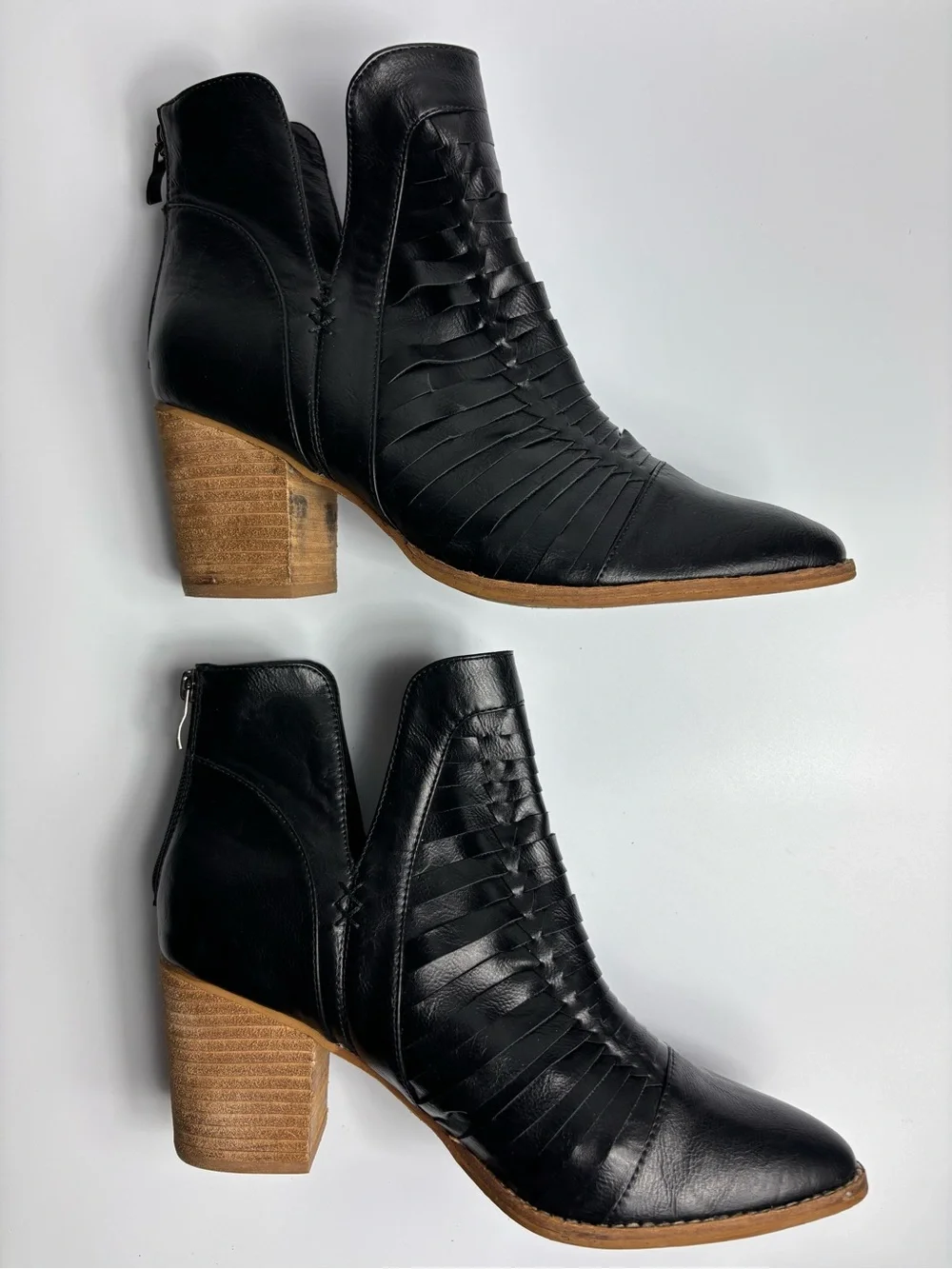 Beast Fashion Black Leather Ankle Block Heels Woven Strappy Boots Women Size 10